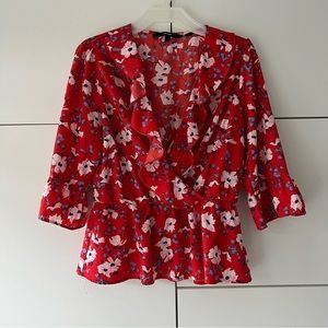 Vero Moda Red Floral Print Deep V Ruffle Blouse